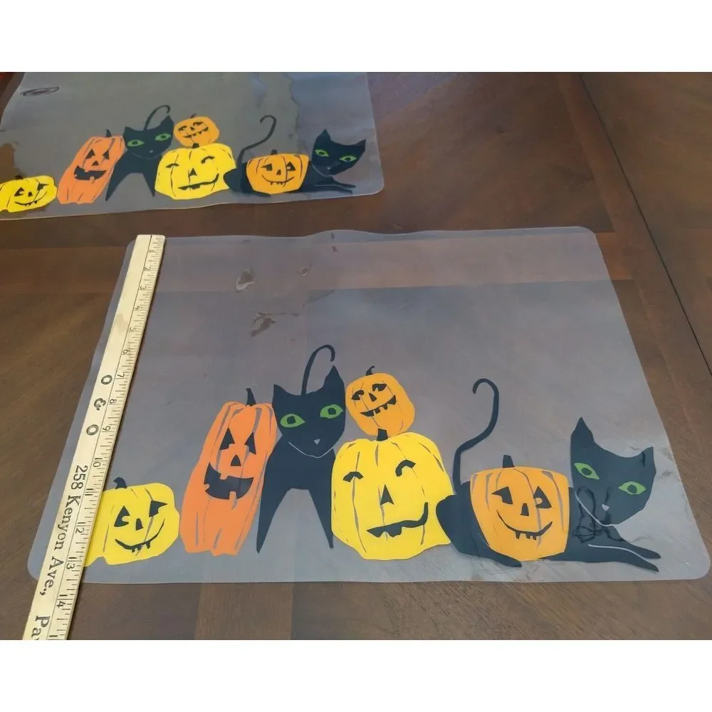HALLOWEEN Crate & Barrel Black Cat‎ Jack-O-Lantern Coffee Mugs Matching Mats 4Pc
